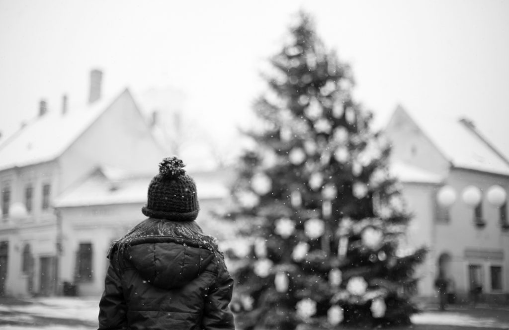 karácsonyfa, Szentendre, kislány, Fő tér, hóesés, tél